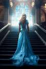 Back of blonde female model in blue dress on stairway. AI Generated. Art Print